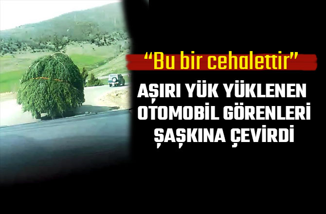 AŞIRI YÜK YÜKLENEN OTOMOBİL GÖRENLERİ ŞAŞKINA ÇEVİRDİ