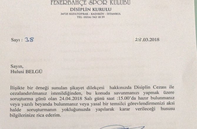 HULUSİ BELGÜ DİSİPLİN KURULUNA SEVK EDİLDİ