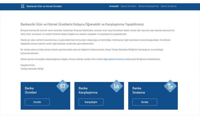 Bireysel bankacılık ürün ve hizmet ücretleri internet sitesi açıldı