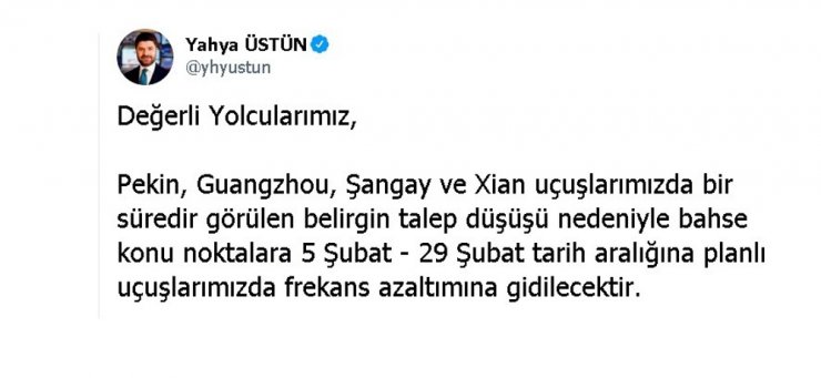 Türk Hava Yolları Çin’de sefer azaltıyor